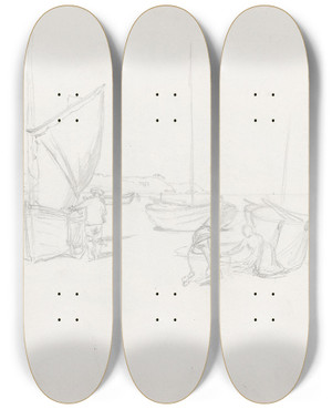 Triptych art skateboard deck of Hans Gude Figurer Og Bter P Stranden by Hans Gude (1825-1903)