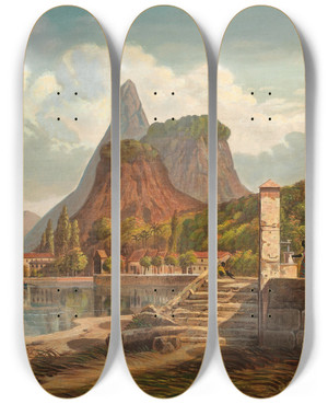 Triptych art skateboard deck of Joseph Lee Rio De Janeiro Mont Corcovado And Botafago Bay by Joseph Lee (1828-1880)