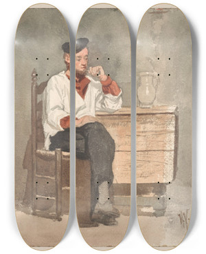 Triptych art skateboard deck of Hendrik Valkenburg Rokende Matroos Vrouw Met Juk En Melkemmers by Hendrik Valkenburg (1826-1896)