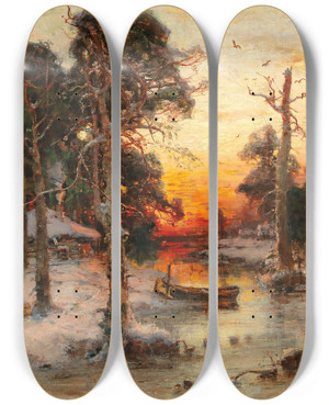 Triptych art skateboard deck of Julius Sergius Klever Returning Home At Sunset by Julius Sergius Klever (1850-1924)