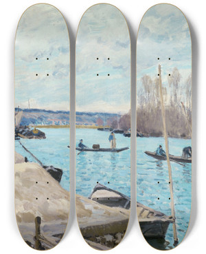 Triptych art skateboard deck of Alfred Sisley The Seine At Portmarly Piles Of Sand by Alfred Sisley (1840-1899)