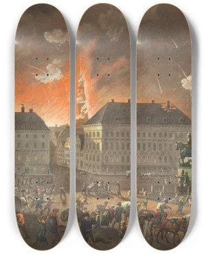 Triptych art skateboard deck of Johan Frederik Clemens Den Rdsomste Nat I Kibenhavn by Johan Frederik Clemens (1749-1831)