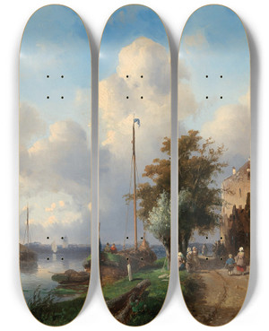 Triptych art skateboard deck of Charles Leickert A River Landscape With Figures On The Bank by Charles Leickert (1816-1907)