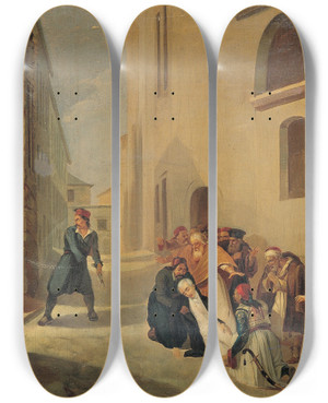 Triptych art skateboard deck of Tsokos Dionysios The Assassination Of Capodistria by Tsokos Dionysios (1814-1862)