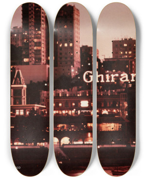 Triptych art skateboard deck of Us Information Agency Scenically Yours Ghiradelli Ghiradelli Square In San Francisco California by U S Information Agency (1953-1999)