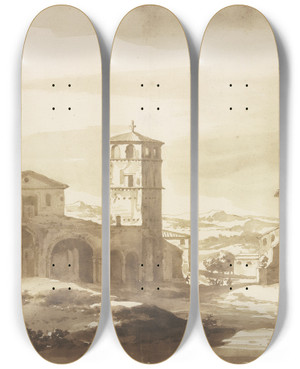 Triptych art skateboard deck of Jacob Van Der Ulft Rmisches Kloster Mit Viereckigem Turm by Jacob van der Ulft (1627-1689)