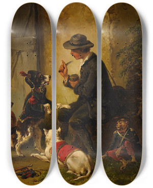 Triptych art skateboard deck of Wouterus Verschuur After The Circus by Wouterus Verschuur (1812-1874)