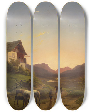 Triptych art skateboard deck of Ignaz Raffalt Abendstimmung by Ignaz Raffalt (1800-1857)