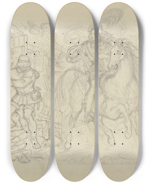Triptych art skateboard deck of Ferdinand Fellner Ungedeutete Szene Ein Ritter Mit Armbrust An Einer Htte Haltend Ein Knappe Betritt Diese_2 by Ferdinand Fellner (1799-1859)