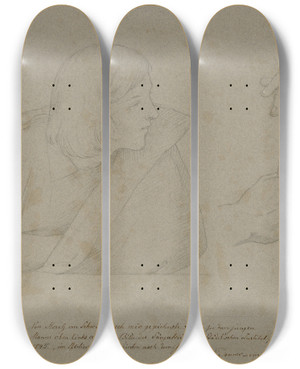 Triptych art skateboard deck of Moritz Von Schwind Study Sheet Minstrel Contest by Moritz Von Schwind (1804-1871)