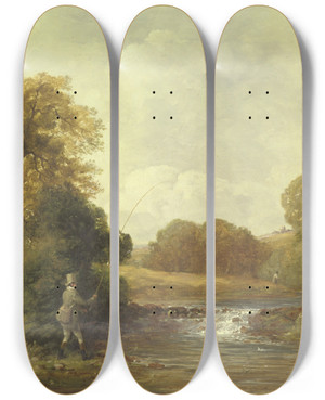 Triptych art skateboard deck of William Jones Fishing Playing A Fish by William Jones (1784-1884)
