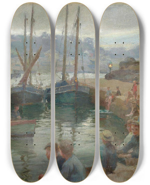 Triptych art skateboard deck of Harold Charles Francis Harvey Boys On The Harbour Wall Penzance by Harold Charles Francis Harvey (1874-1941)