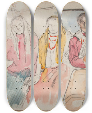 Triptych art skateboard deck of Leopold Gottlieb Rural Women From Mierzwin by Leopold Gottlieb (1883-1934)