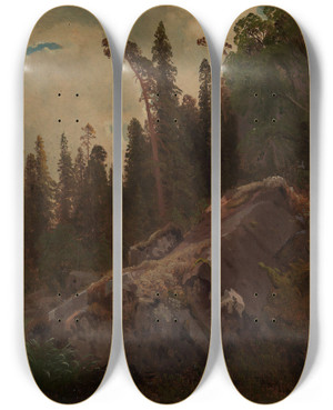 Triptych art skateboard deck of August Cappelen Landscape Study With Trees And Rocks by August Cappelen (1827-1852)