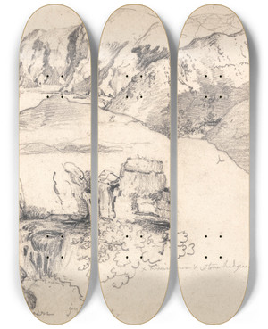 Triptych art skateboard deck of James Ward Studies Of A Hilly Coast And A Rocky Waterfall by James Ward (1769-1859)