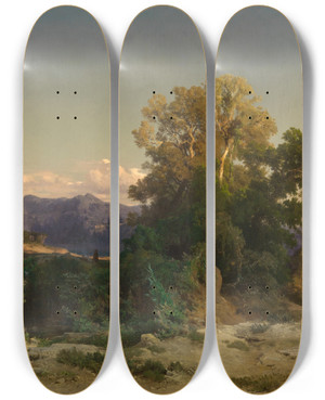 Triptych art skateboard deck of Arnold Bcklin Landscape In The Roman Campagna by Arnold Bocklin (1827-1901)