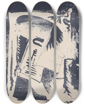 Triptych art skateboard deck of Samuel Jessurun De Mesquita Fantasie Profielkop Naar Rechts In Een Witte Rechthoek Omgeven Door Zwart Rechtsonder Is Het Zwart Gewassen by Samuel Jessurun De Mesquita (1868-1944)