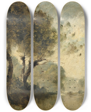 Triptych art skateboard deck of Paul Dsir Trouillebert Arbres Au Bord Dun Fleuve by Paul Desire Trouillebert (1829-1900)