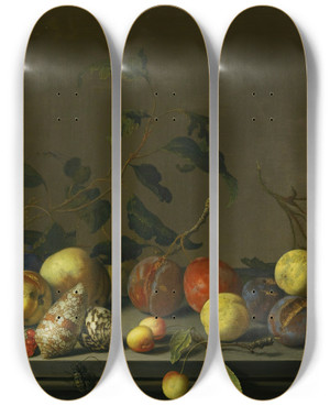 Triptych art skateboard deck of Balthasar Van Der Ast A Still Life Of Fruit And Shells With A Rose And Various Insects Upon A Stone Ledge by Balthasar Van Der Ast (1593-1657)