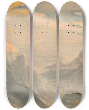 Triptych art skateboard deck of Poul Simon Christiansen Italiensk Bjerglandskab by Poul Simon Christiansen (1855-1933)
