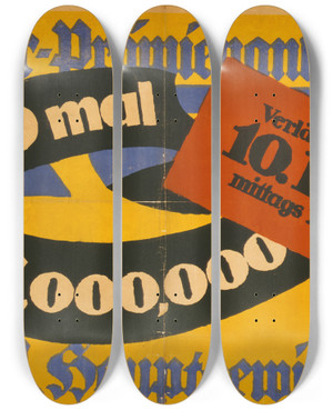 Triptych art skateboard deck of Lucian Bernhard Sparprmienanleihe 10 Mal 1000000 Jhrl Hauptgewinne by Lucian Bernhard (1883-1972)