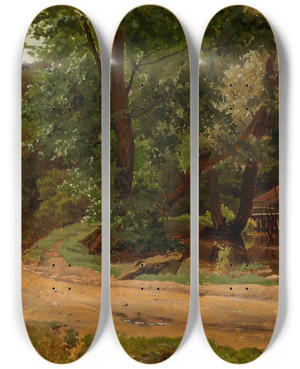 Triptych art skateboard deck of Werner Holmberg Road And Building In The Landscape by Werner Holmberg (1830-1860)