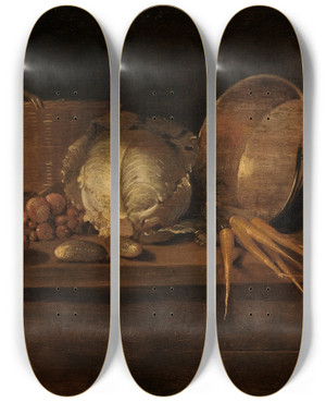 Triptych art skateboard deck of Quirijn Van Brekelenkam Kchenstillleben by Quirijn Van Brekelenkam (1622-1669)