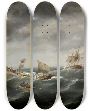 Triptych art skateboard deck of Thomas Birch Loss Of The Schooner John S Spence Of Norfolk Virginia 2D Viewrescue Of The Survivors by Thomas Birch (1779-1851)