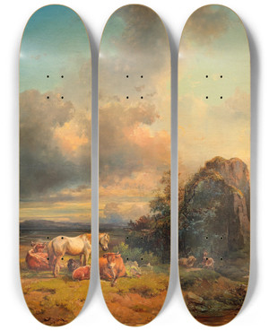 Triptych art skateboard deck of Edmund Mahlknecht Tiere In Landschaft by Edmund Mahlknecht (1820-1903)