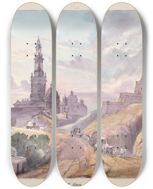 Triptych art skateboard deck of Charles Hamilton Smith Entrance To The Town Of Carmona by Charles Hamilton Smith (1776-1859)