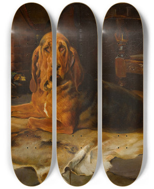 Triptych art skateboard deck of William Woodhouse A Bloodhound By The Fireside by William Woodhouse