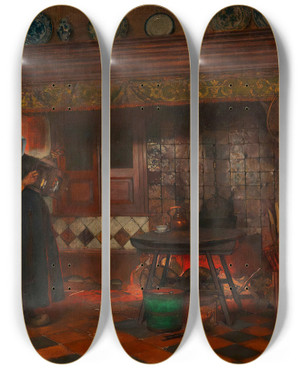 Triptych art skateboard deck of Eduard Charlemont Hollndisches Kcheninterieur by Eduard Charlemont (1848-1906)