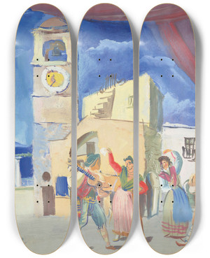 Triptych art skateboard deck of Alexandre Jacovleff Street Musicians And Dancers Capri by Alexandre Jacovleff (1887-1938)