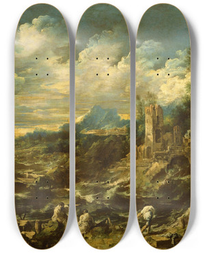 Triptych art skateboard deck of Alessandro Magnasco Landscape With Stormy Sea by Alessandro Magnasco (1667-1749)