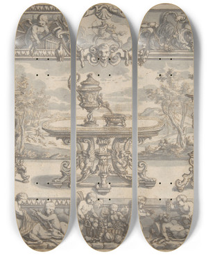 Triptych art skateboard deck of Abraham Drentwett The Elder Design For An Ewer Table And Candelabra Within An Ornamental Frame by Abraham Drentwett The Elder (1647-1727)