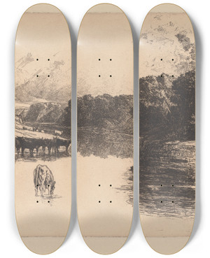Triptych art skateboard deck of Francis Seymour Haden A Lancashire River by Francis Seymour Haden (1818-1910)