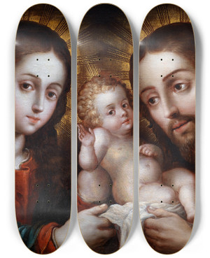 Triptych art skateboard deck of Nicols Rodrguez Jurez The Holy Family by Nicolas Rodriguez Juarez (1667-1734)