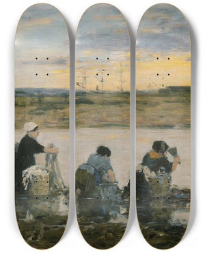 Triptych art skateboard deck of Eugne Boudin Washerwomen By The River by Eugene Boudin (1824-1898)