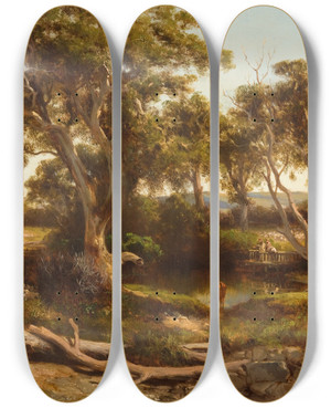 Triptych art skateboard deck of Louis Buvelot Sheep Wash In The Western District by Louis Buvelot (1814-1888)