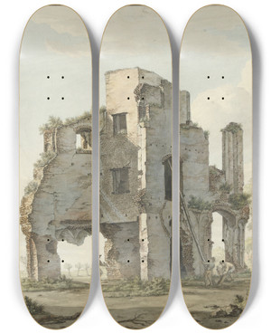 Triptych art skateboard deck of Jacob Van Liender Het Afbreken Van De Rune Van De Abdij Van Rijnsburg by Jacob Van Liender (1696-1759)