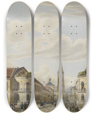 Triptych art skateboard deck of Carl Ludwig Frommel Blick Von Der Zhringer Vorstadt In Die Stadtmitte Von Freiburg by Carl Ludwig Frommel (1789-1863)