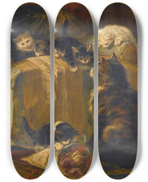 Triptych art skateboard deck of Henritte Ronnerknip Kittens At Play_4 by Henritte Ronner-Knip (1821-1909)