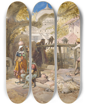 Triptych art skateboard deck of William Simpson The Village Well by William Simpson (1823-1899)