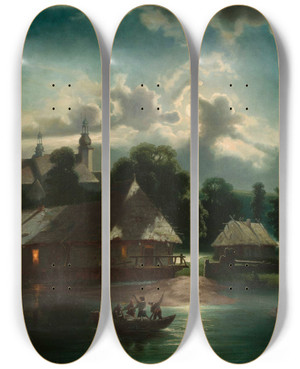 Triptych art skateboard deck of Feliks Brzozowski Countryside Landscape At Night by Feliks Brzozowski (1836-1892)