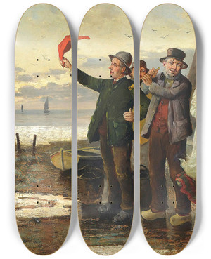 Triptych art skateboard deck of Konstantin Stoitzner Waiting For The Catch by Konstantin Stoitzner (1863-1934)
