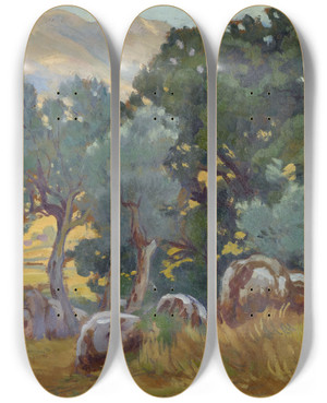 Triptych art skateboard deck of Hans Johann Ludwig Lendorff Road To Marano With View On Cervara by Hans (Johann) Ludwig Lendorff (1863-1946)