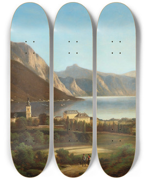 Triptych art skateboard deck of Ferdinand Lepie View Of Gmunden And Schloss Ort by Ferdinand Lepie (1824-1883)