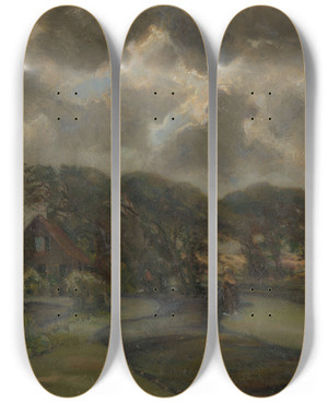 Triptych art skateboard deck of Frans Smissaert Huisje Bij Boomrand En Vrouwen Met Visnetten by Frans Smissaert (1862-1944)