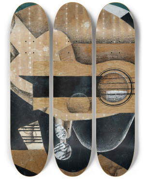 Triptych art skateboard deck of Juan Gris A Guitar Glasses And A Bottle by Juan Gris (1887-1927)