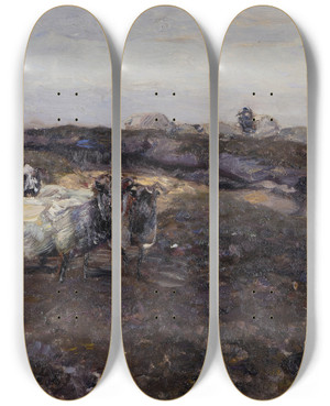 Triptych art skateboard deck of Heinrich Von Zgel Sheeps In Moorland by Heinrich Von Zugel (1850-1941)